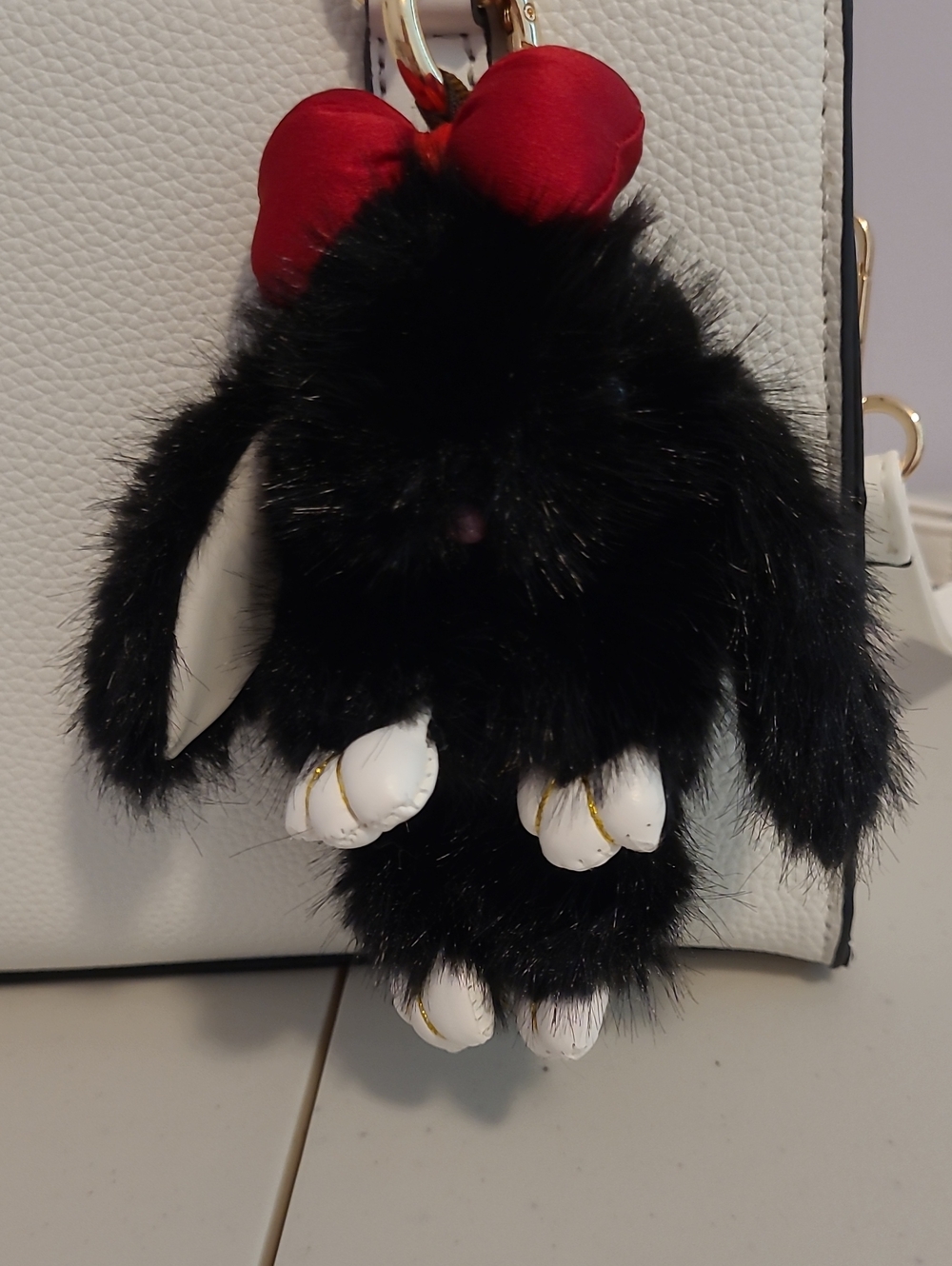 Black Furry Bunny Bag Charm with Red Bow